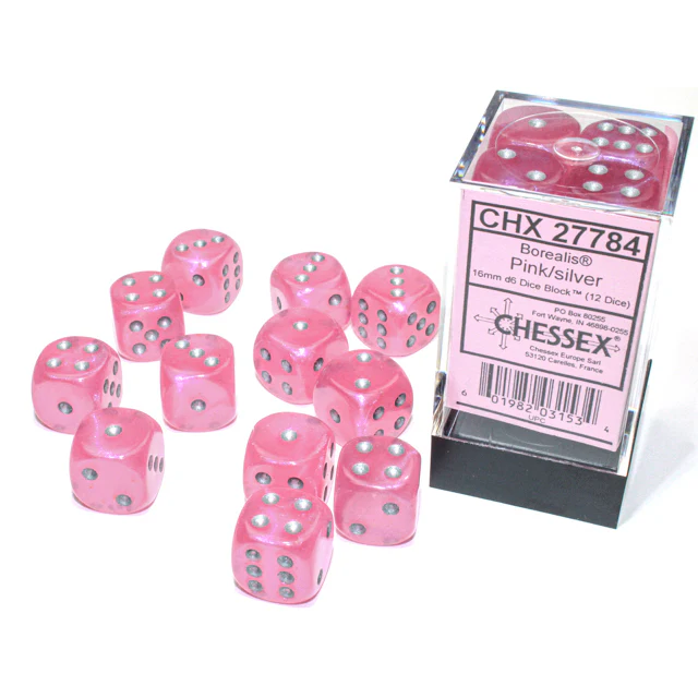 Chessex - 16mm D6 (12 Dice) Borealis Pink/Silver Luminary