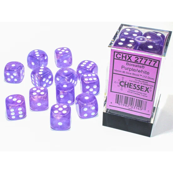 Chessex - 16mm D6 (12 Dice) Borealis Purple/White Luminary
