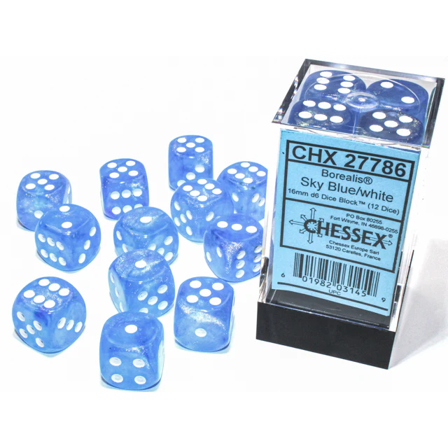 Chessex - 16mm D6 (12 Dice) Borealis Sky Blue/White Luminary