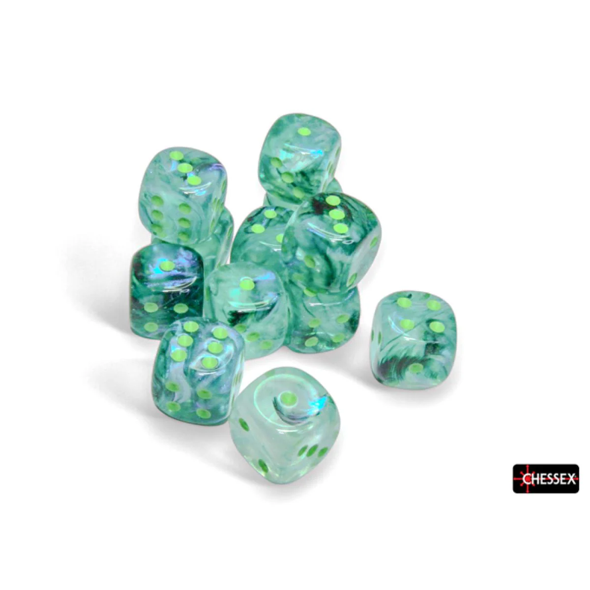 Chessex – Borealis Kelp/Light Green Luminary D6 Set of 12 (16mm)
