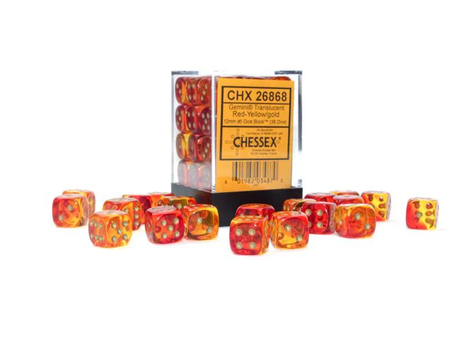Chessex – Gemini 12mm d6 Translucent Red-Yellow/gold Dice Block