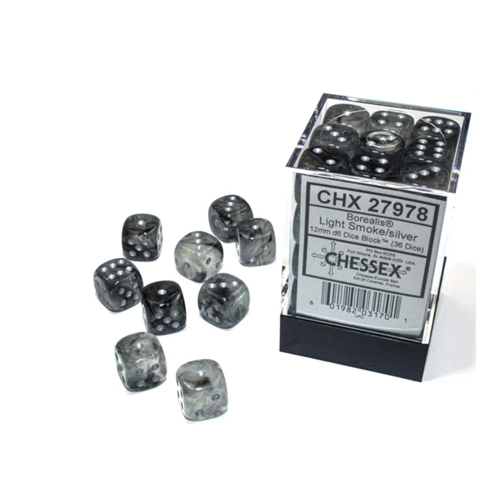Chessex - Gemini 12mm d6(36 Dice) Borealis Light Smoke/Silver Luminary